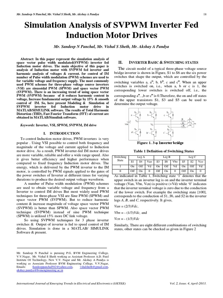 Simulation Analysis of SVPWM Inverter Fed Induction Motor Drives | PDF