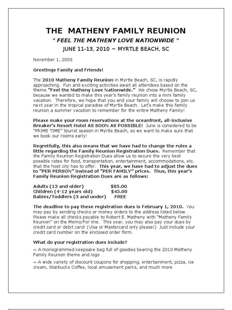 Family Reunion Letter #2 | PDF | Restaurant And Catering | Leisure for Free Printable Family Reunion Registration Forms