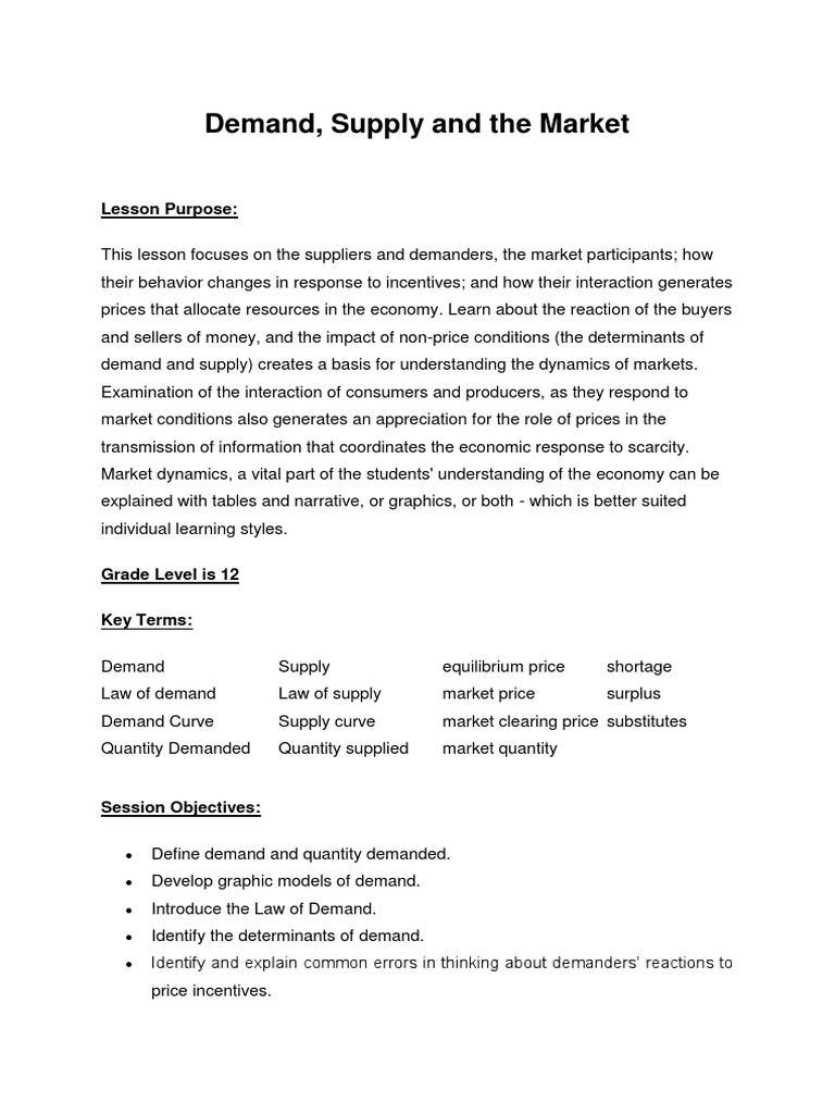 Lesson Plan demand and Supply PDF Supply And Demand Economic Surplus