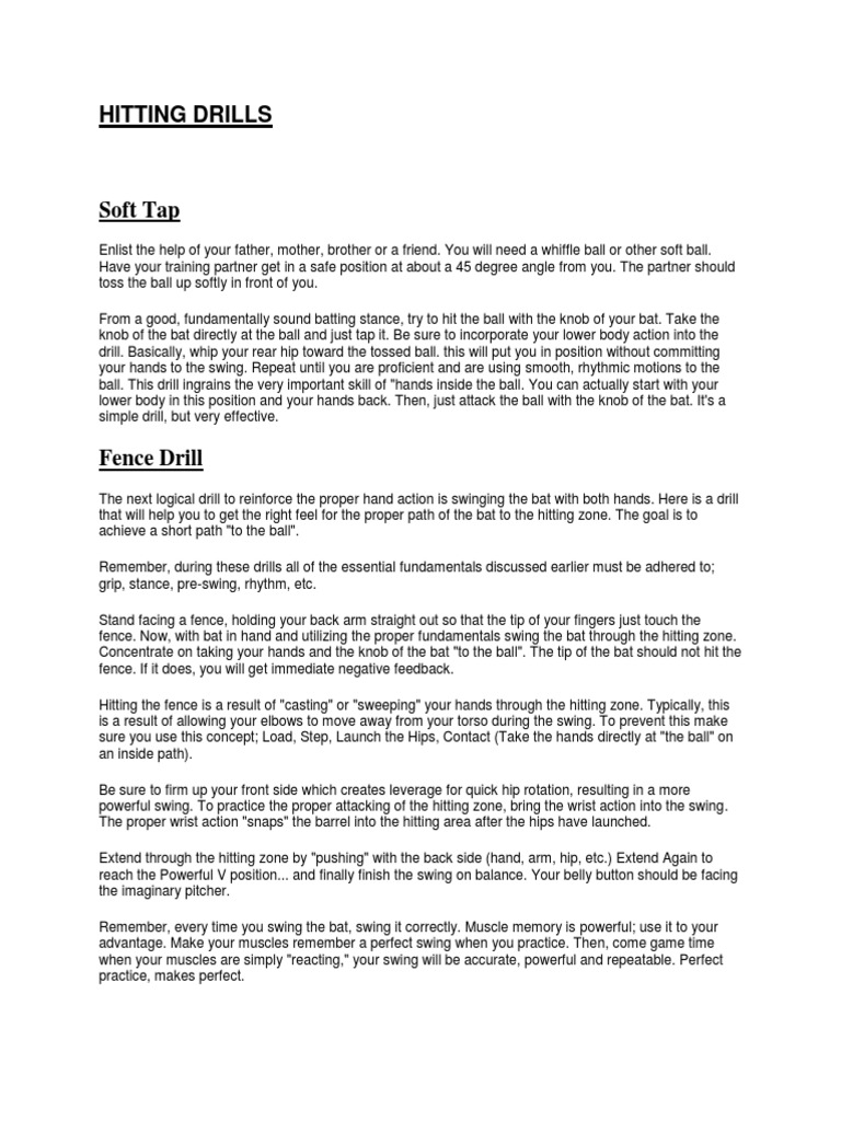 Hitting Drills | PDF | Pitcher | Batting (Baseball)