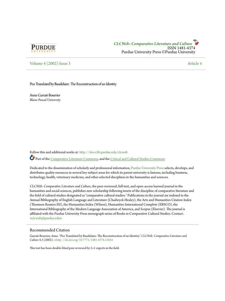 Garrait Bourrier Anne Poe Translated By Baudelaire The Reconstruction Of An Identity Charles Baudelaire Edgar Allan Poe