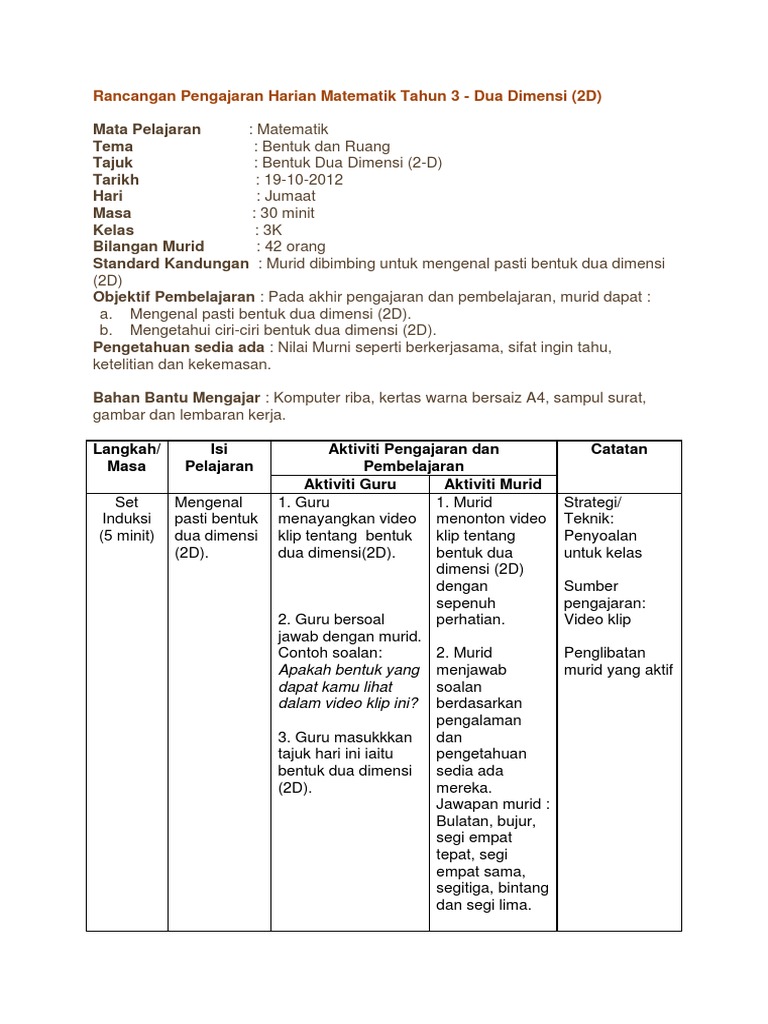 Rancangan Pengajaran Harian Matematik Tahun 3