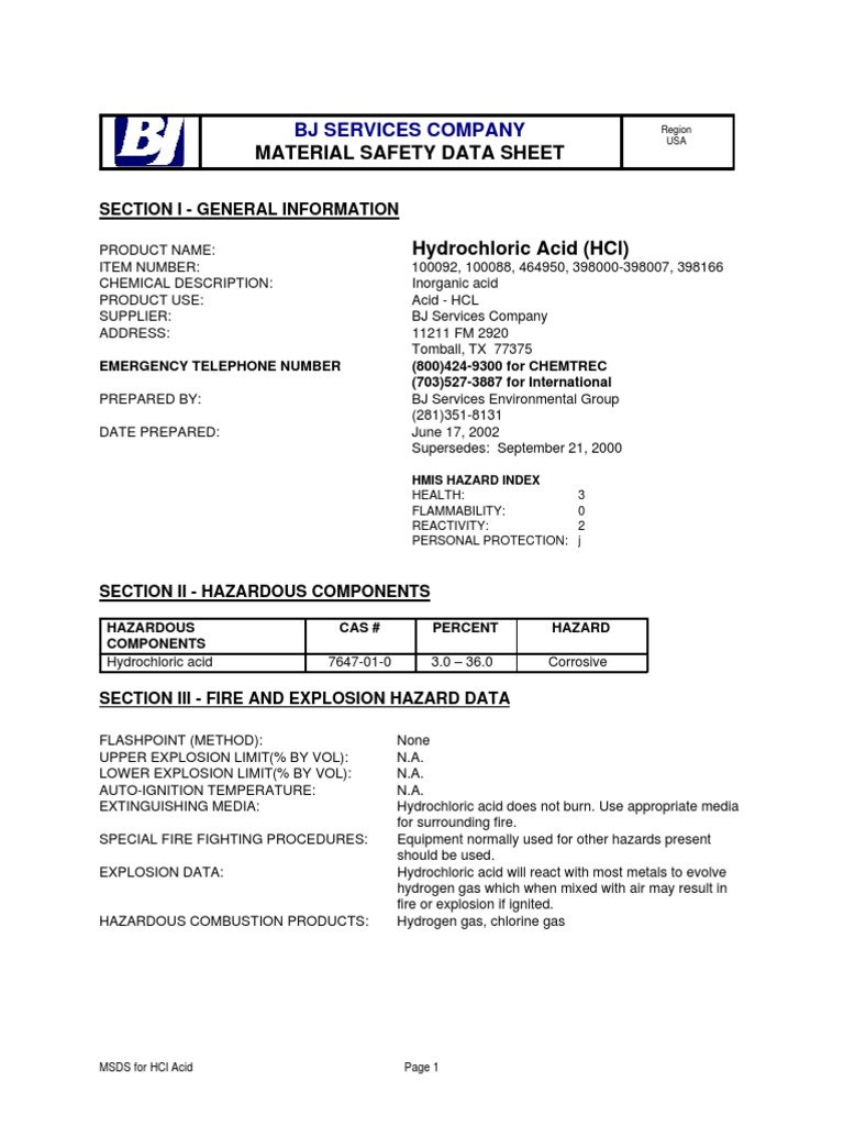 A Comprehensive Material Safety Data Sheet for Hydrochloric Acid PDF