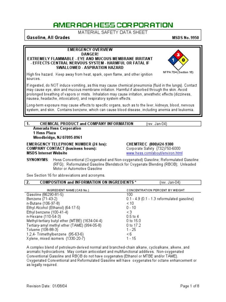 Gasoline MSDS PDF Firefighting Gasoline
