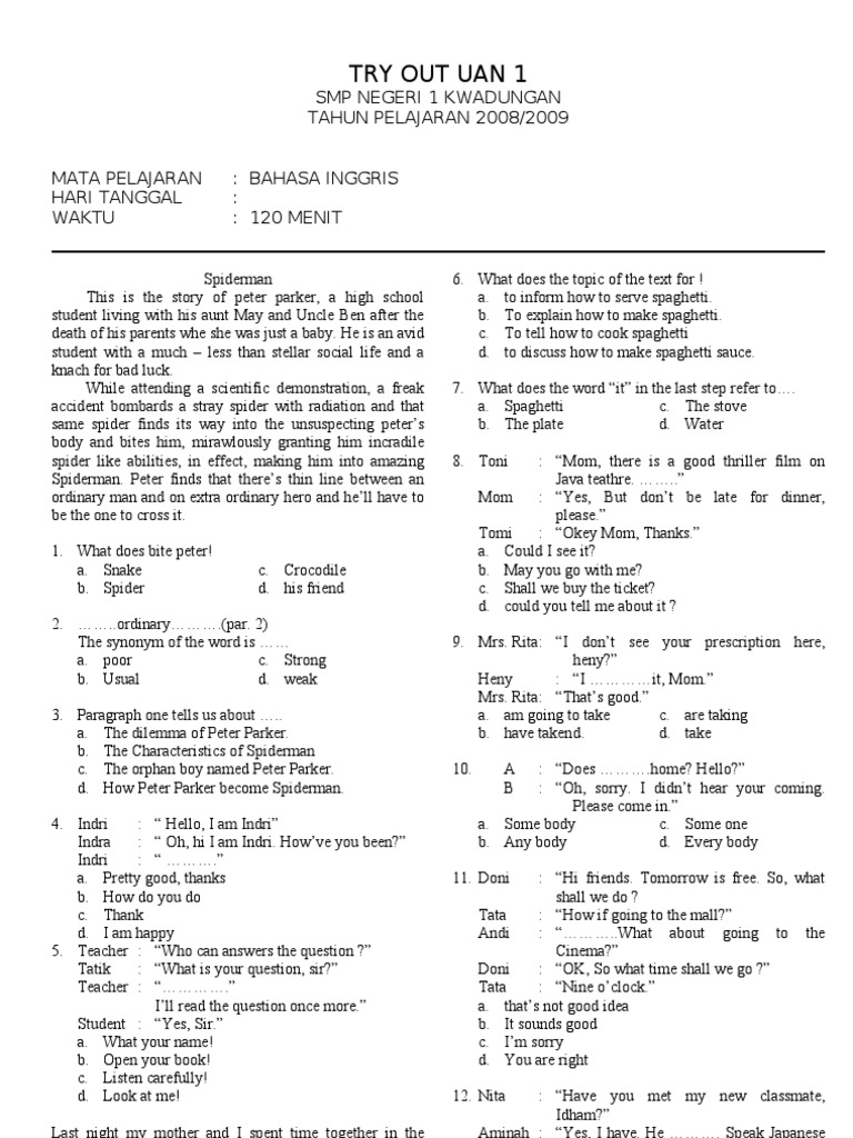 Soal Try Out Uan Bahasa Inggris Kelas Ix