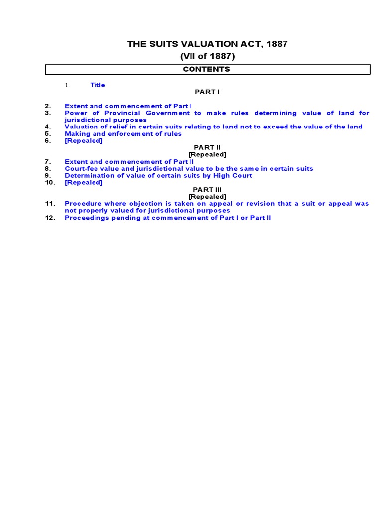 The Suits Valuation Act, 1887 PDF PDF Appellate Court Appeal