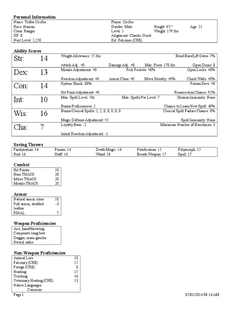 Ranger DND 2nd Edition Character Sheet | PDF | D20 System | Tsr ...