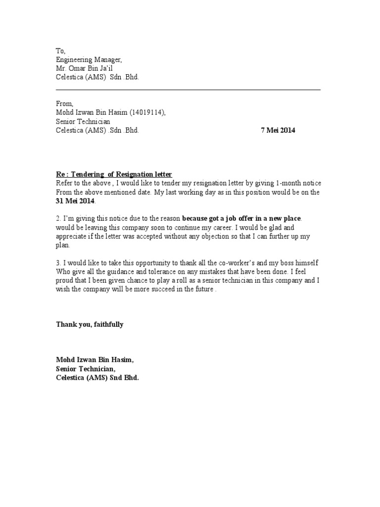 Contoh Surat Resign Hotel One Month Notice Bahasa Inggris  Dokumen Hanna