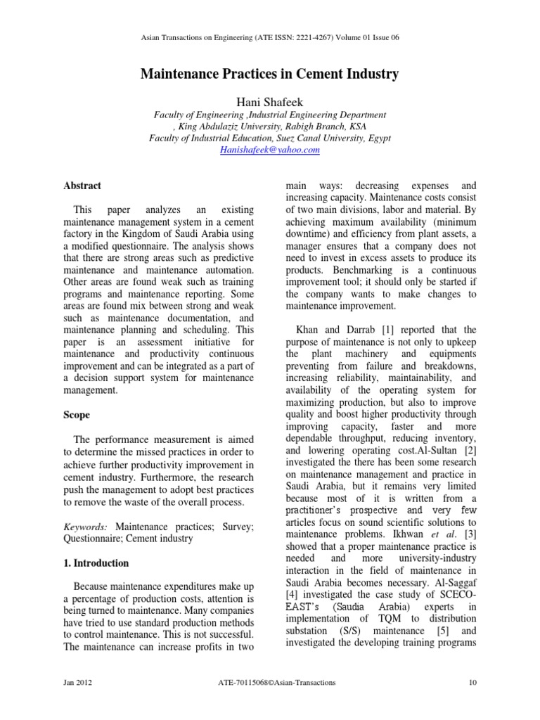 Maintenance in Cement Plants | PDF | Reliability Engineering | Inventory