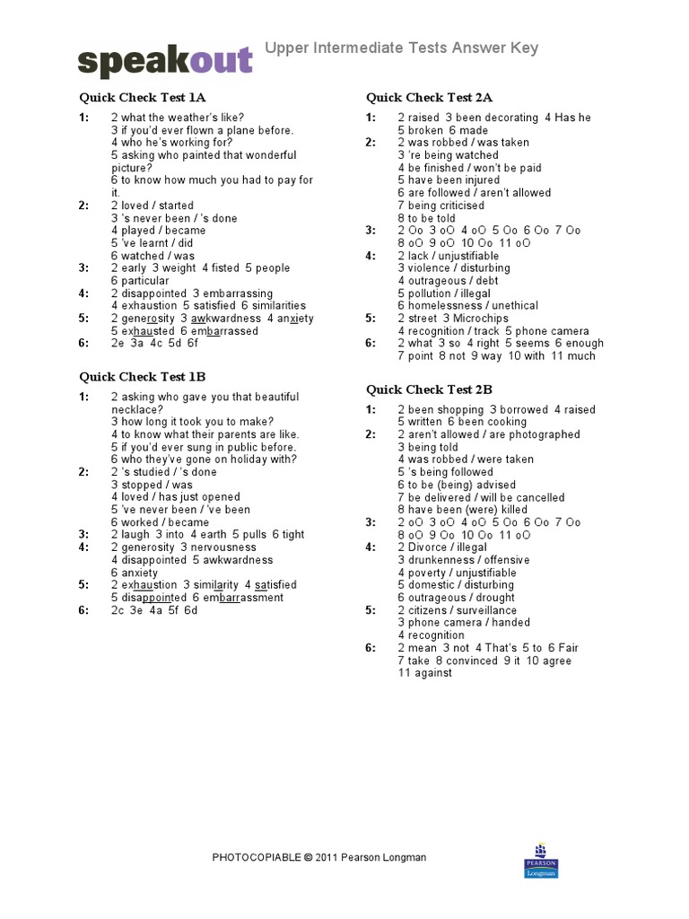 Speakout Upper Intermediate Quick Check Test
