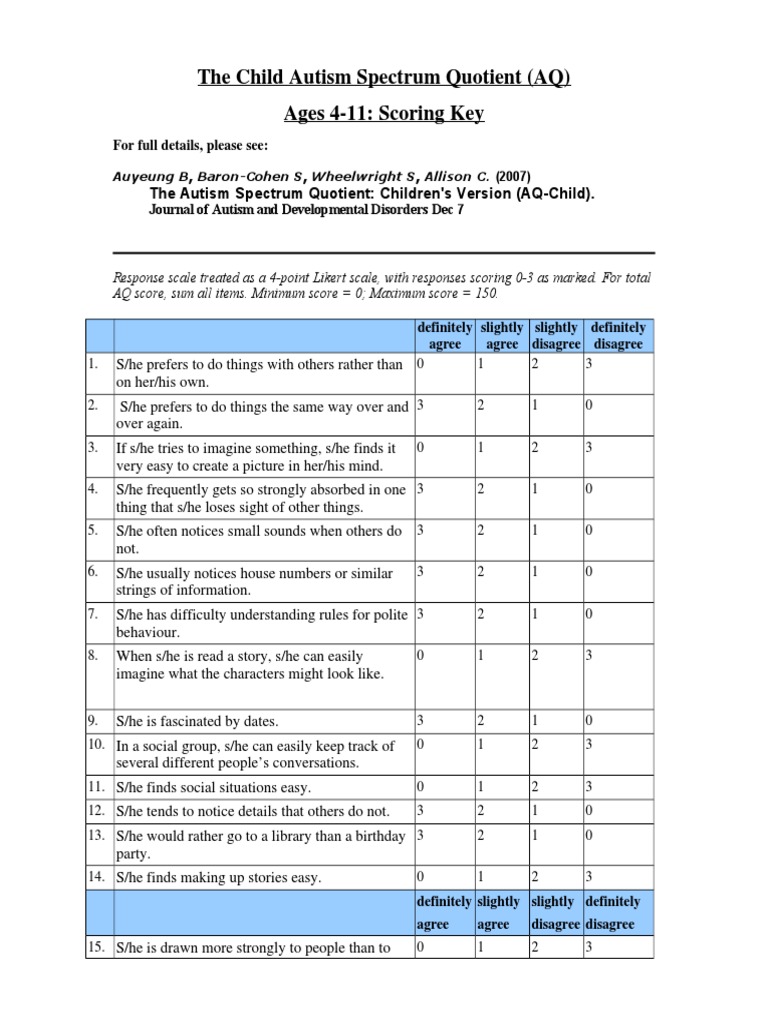 aq-child-scoring-key-autism-behavioural-sciences
