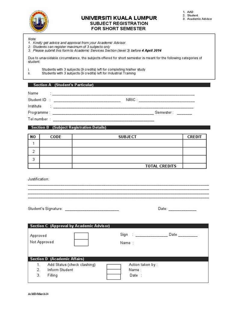 Short Semester Subject Registration Guide | PDF | Career & Growth ...
