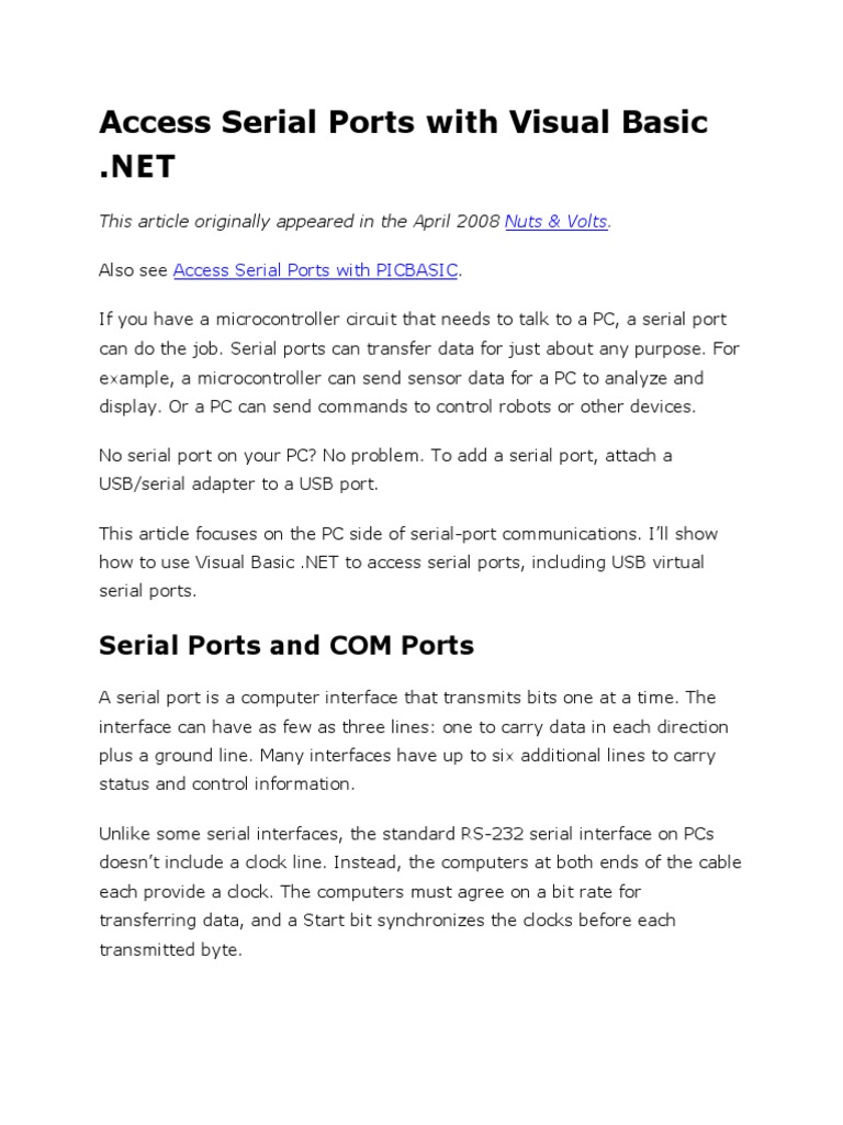 Access Serial Ports With Visual Basic PDF Usb Ascii