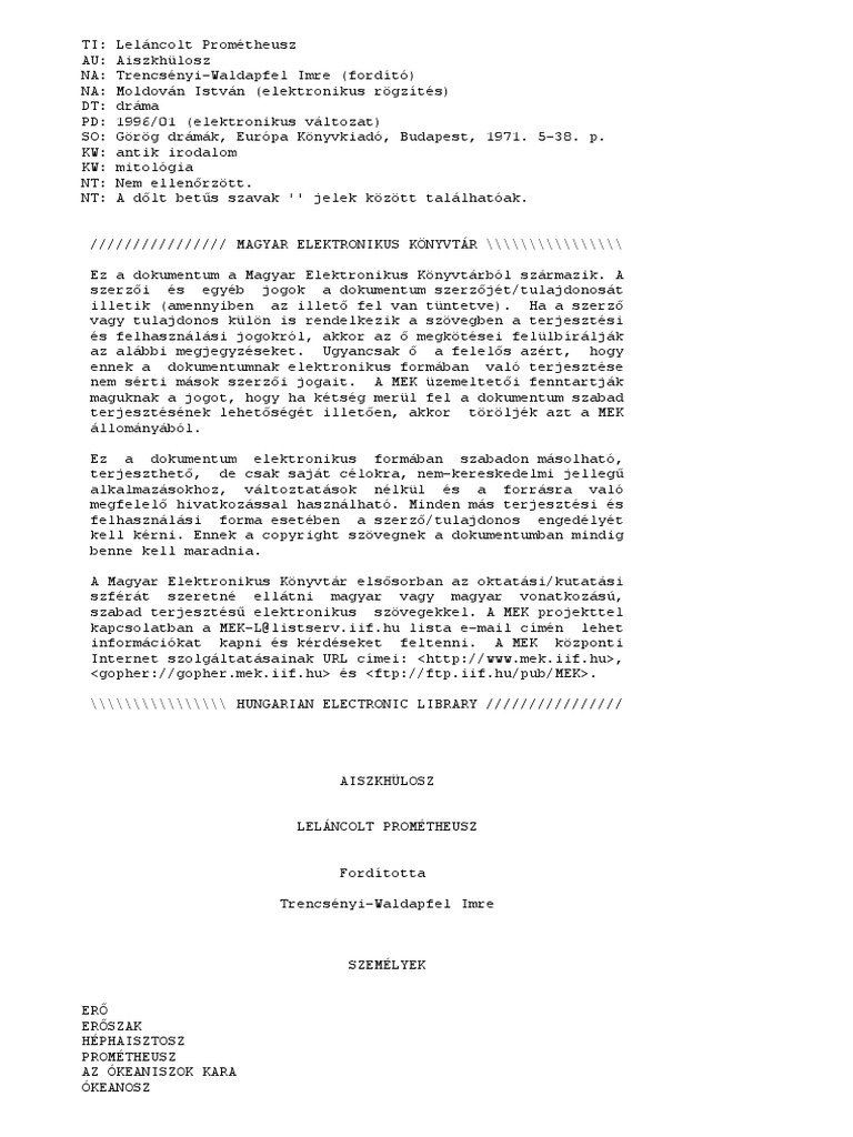 Aiszkhülosz - A Leláncolt Prométeusz | PDF