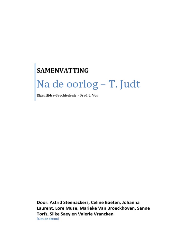 Samenvatting Na de Oorlog Tony Judt PDF