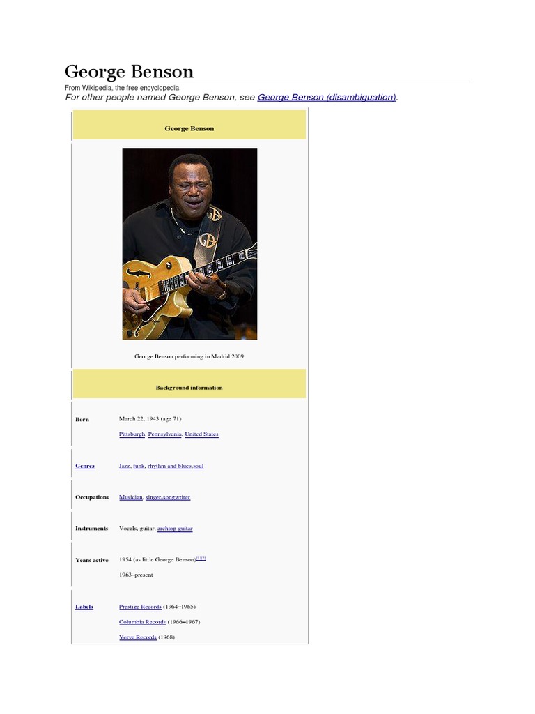 George Benson: Biography and Career | PDF | Music Industry