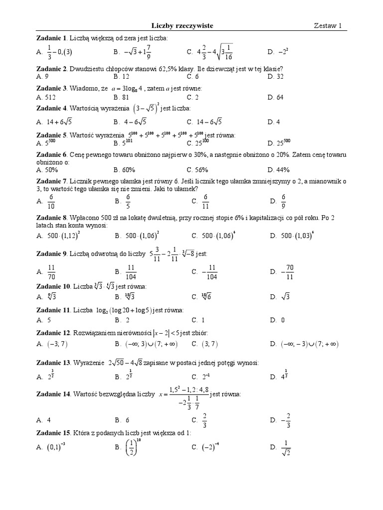 Test Z Matematyki Po 1 Klasie Liceum Pdf