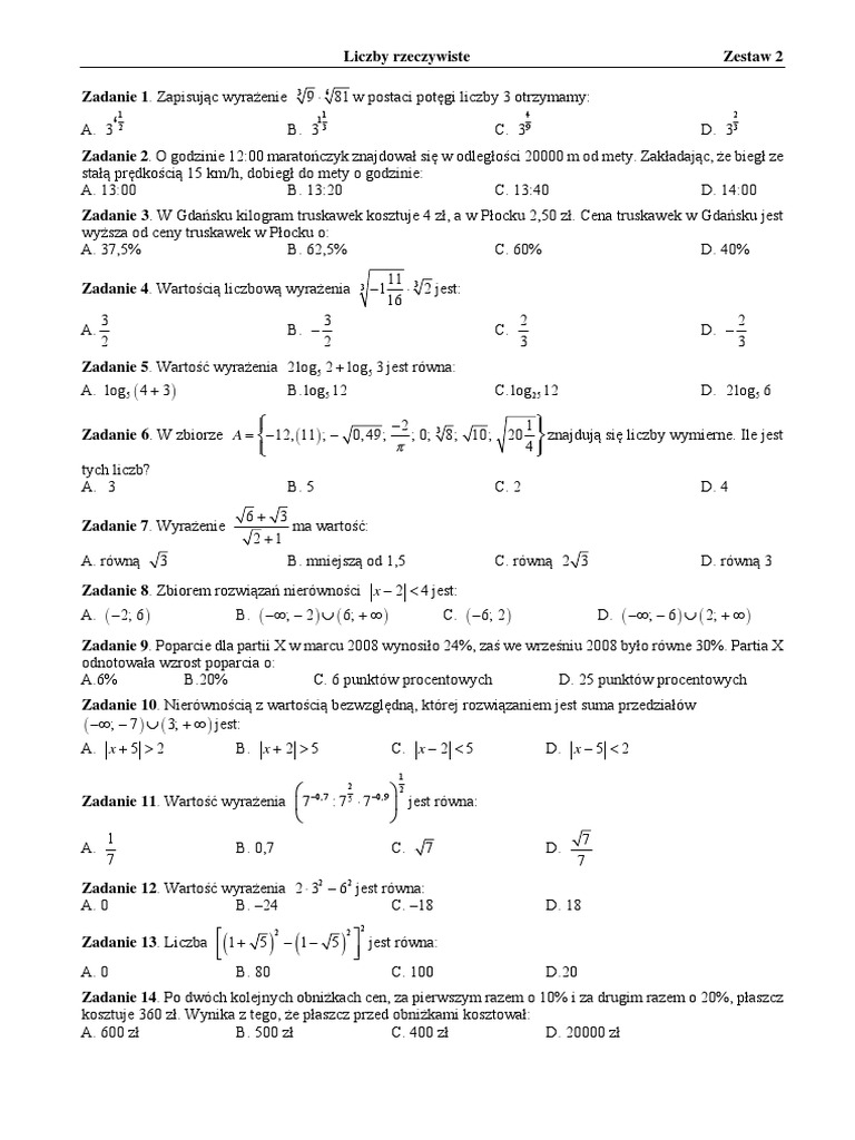 Sprawdzian Liczby Rzeczywiste Klasa 1 Liceum Nowa Era Pdf Liczby Rzeczywiste