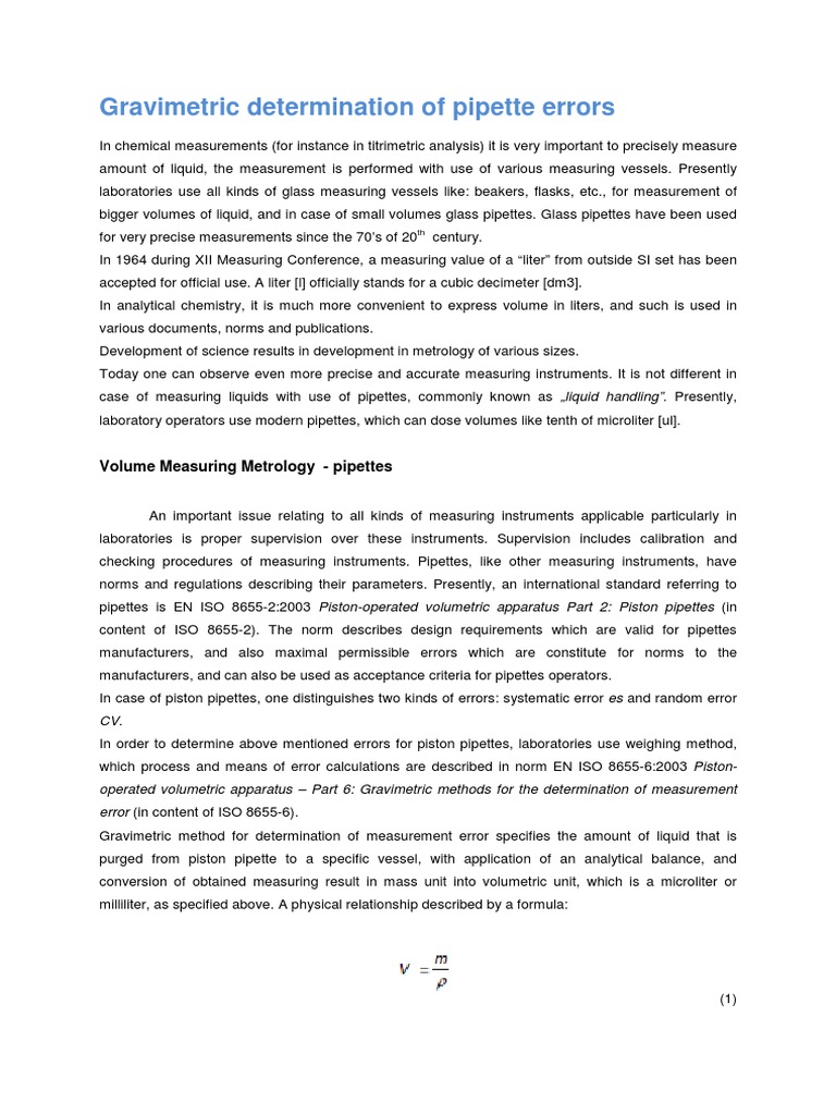 Gravimetric Determination of Pipette Errors PDF Uncertainty Calibration