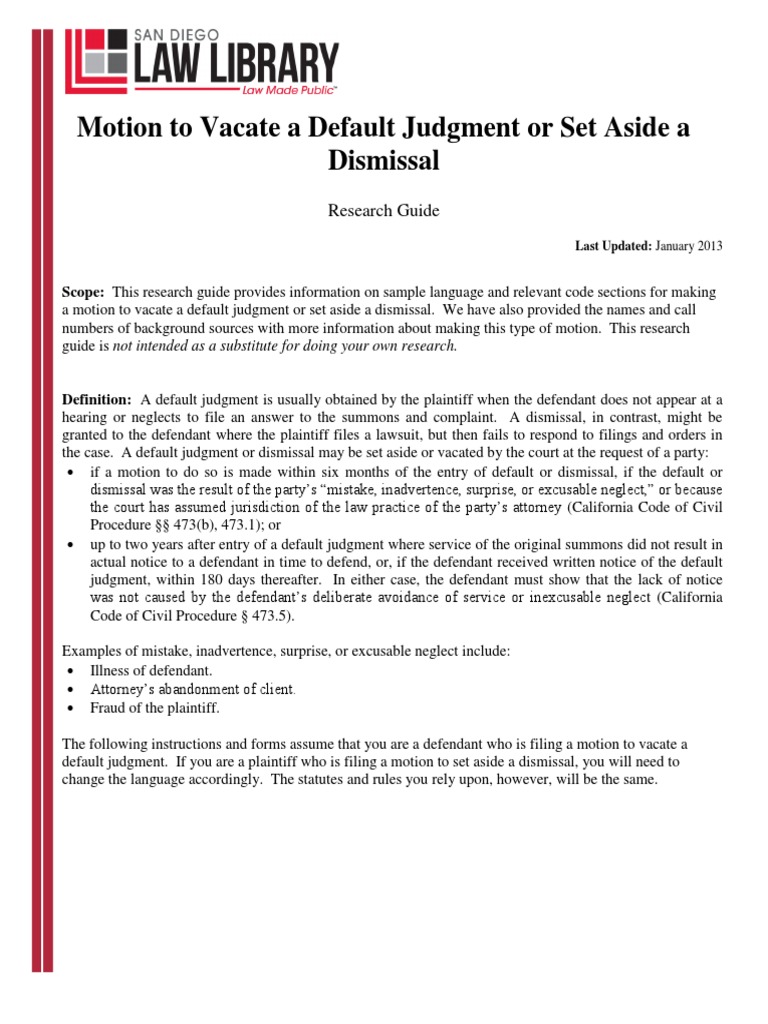 Motion To Vacate A Default Judgment | PDF | Default Judgment | Legal  Communication