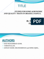 Title: Correlation Studies For Some Agronomic and Quality Traits in Brassica Napus L