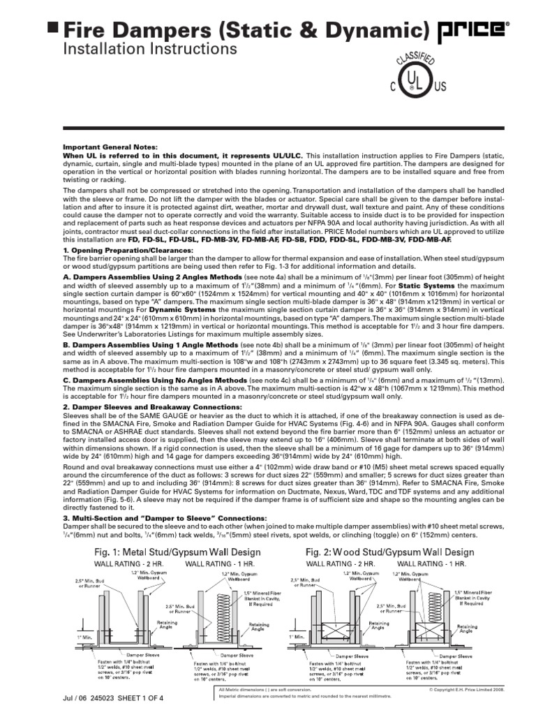 Fire Dynamic Damper Installation Instructions Duct (Flow) Screw