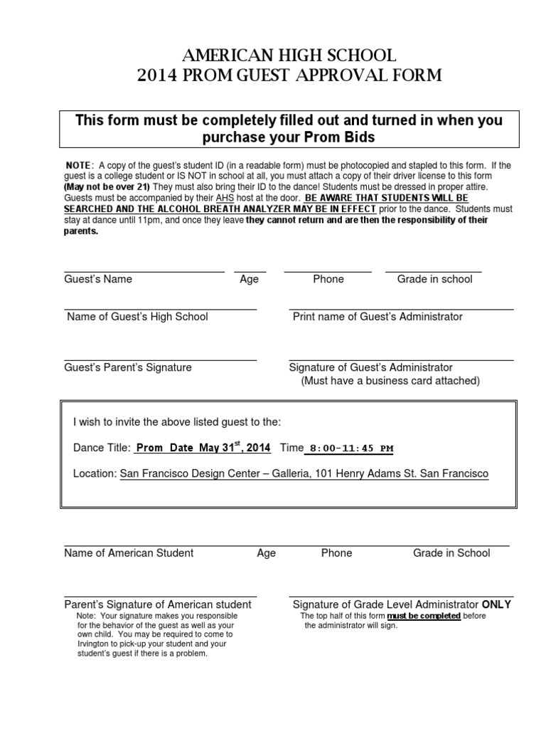 AHS 2014 Prom Guest Approval Form | PDF