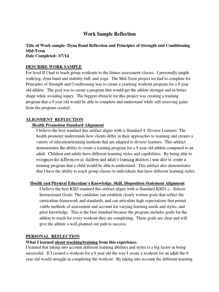 Standard 4 Work Sample Reflection | PDF | Strength Training | Learning ...