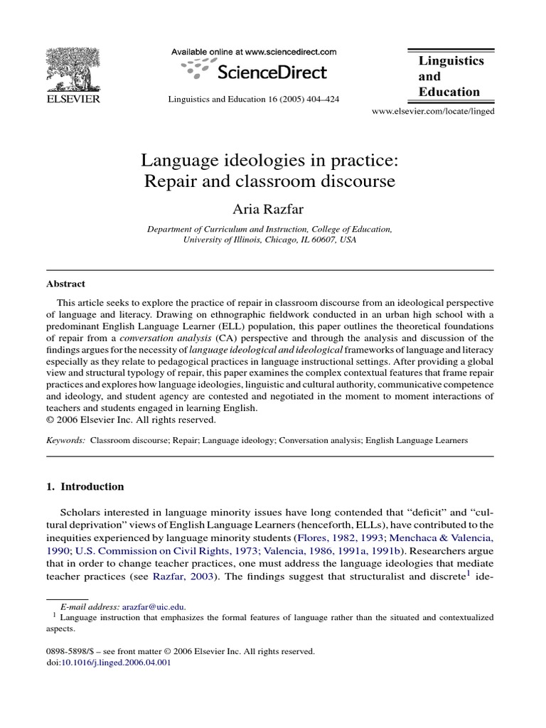 Language Ideologies in Practice: Repair and Classroom Discourse | PDF ...