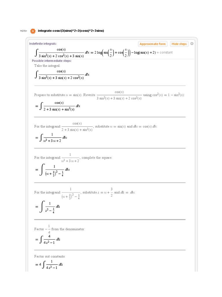 Indefinite Integrals:: Integrate Cosx/ (3 (Sinx) 2+2 (Cosx) 2+3sinx ...
