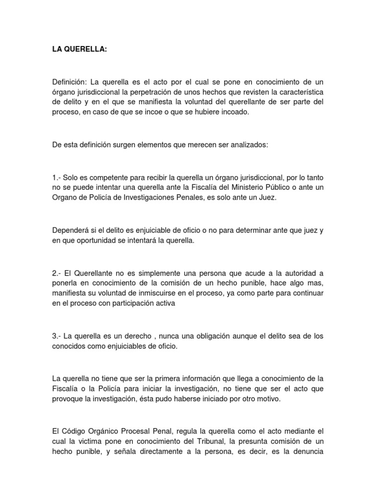 Definición y elementos de la querella | PDF | Queja | Delito