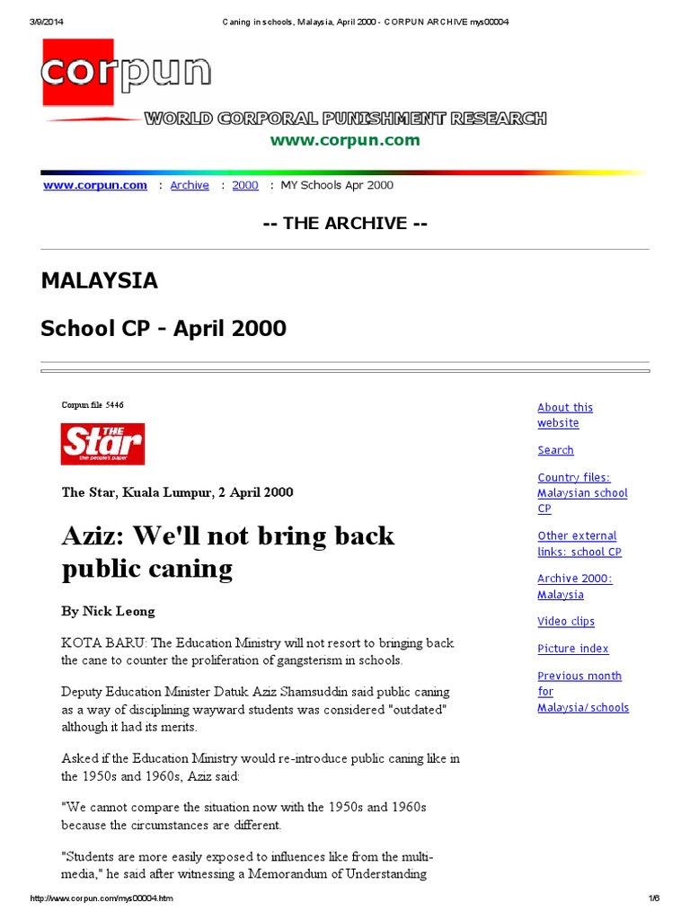 Caning in Schools, Malaysia, April 2000 - CORPUN ARCHIVE Mys00004 | PDF ...