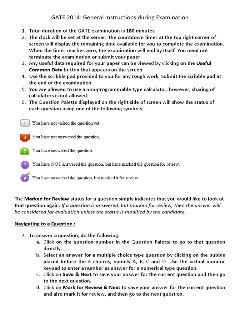 GATE 2014 Exam Instructions Guide | PDF