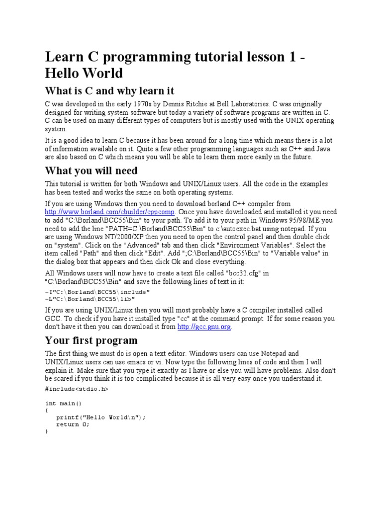 Learn C Programming Tutorial Lesson 1 Hello World | PDF | Pointer ...