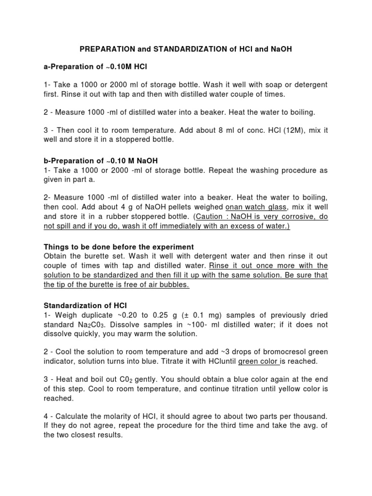 PREPARATION and STANDARDIZATION of HCL and NaOH | PDF | Sodium