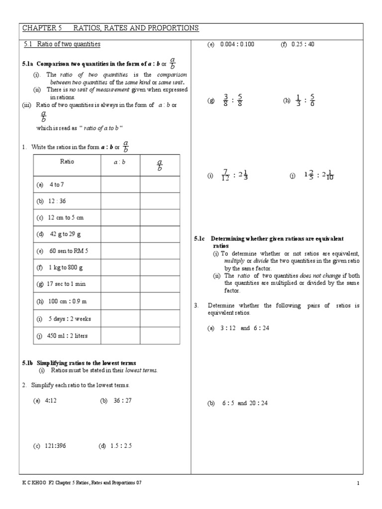 Chapter 5 Ratios, Rates and Proportions | Ratio | Mathematical Objects