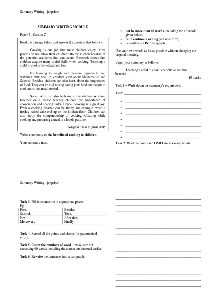Summary Writing Worksheet