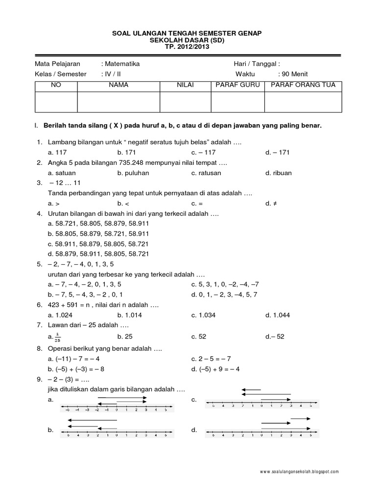 Soal Uts Matematika Kelas 4 Sd Semester Genap Pdf