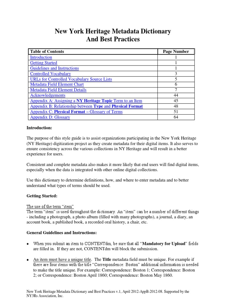 Metadata Dictionary & Best Practices Metadata File Format Free 30