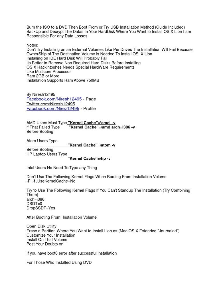 Guide-ReadMe Install OS X Lion Niresh | PDF