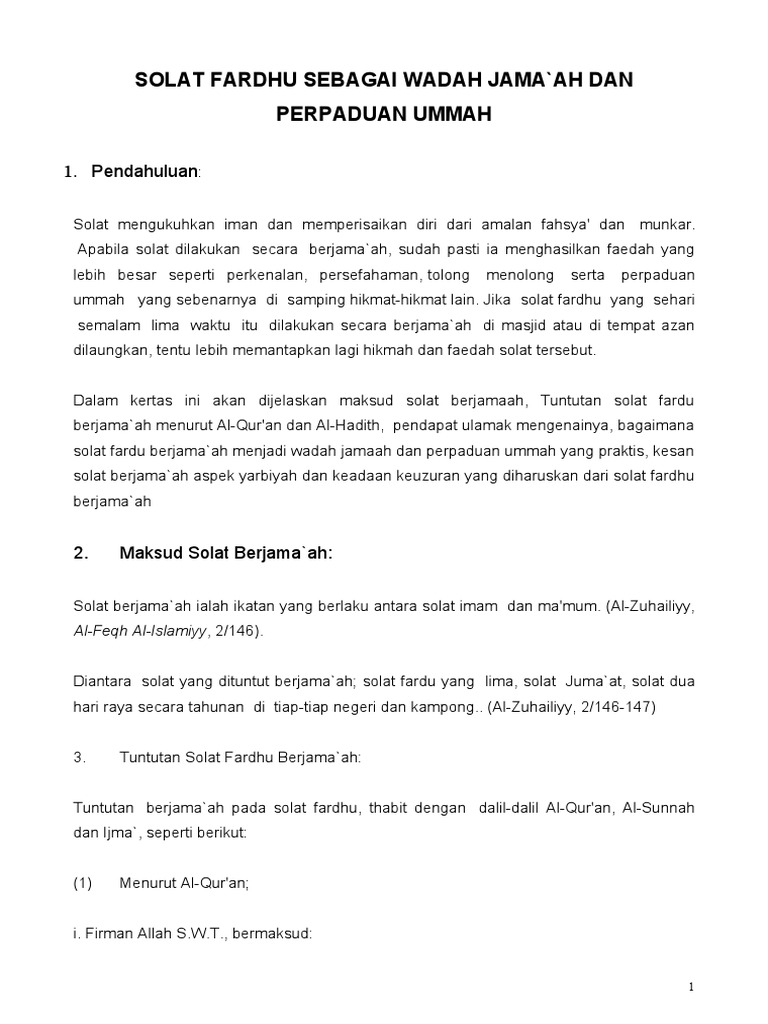 Solat Fardhu Sebagai Wadah Jama Ah Dan Perpaduan Ummah 1 Pendahuluan