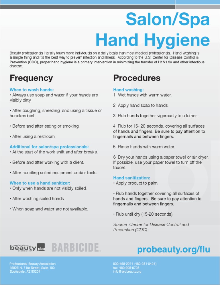 Salon/Spa Hand Hygiene Frequency Procedures Hand Washing Hygiene