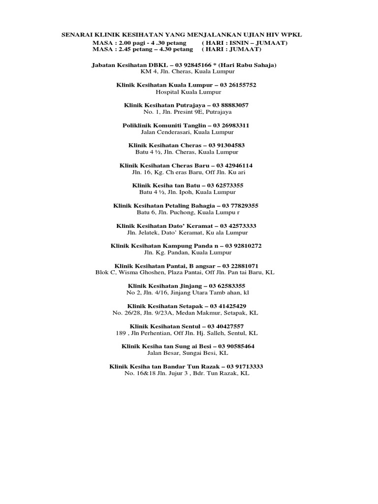 Senarai Klinik Kesihatan Yang Menjalankan Ujian Hiv Wpkl Pdf