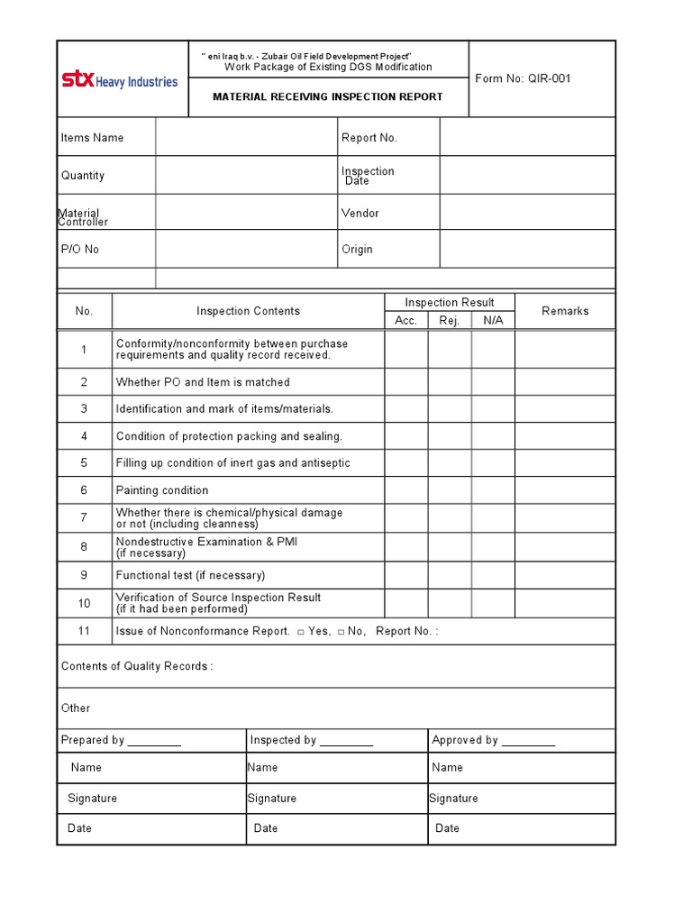 QIR-001-Material Receiving Inspection Report | PDF