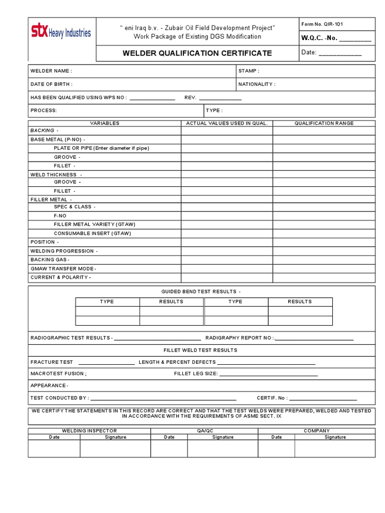 QIR 101 Welder Qualification Certificate PDF