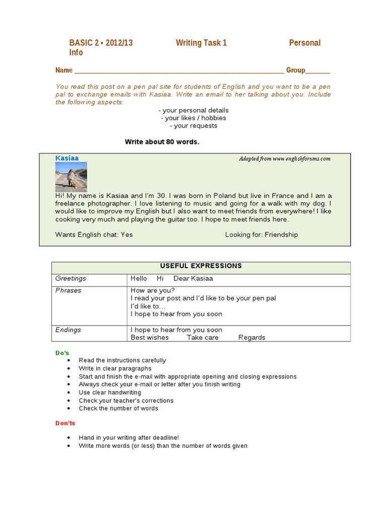 Basic 2 - 2012/13 Writing Task 1 Personal Info | PDF | Written ...