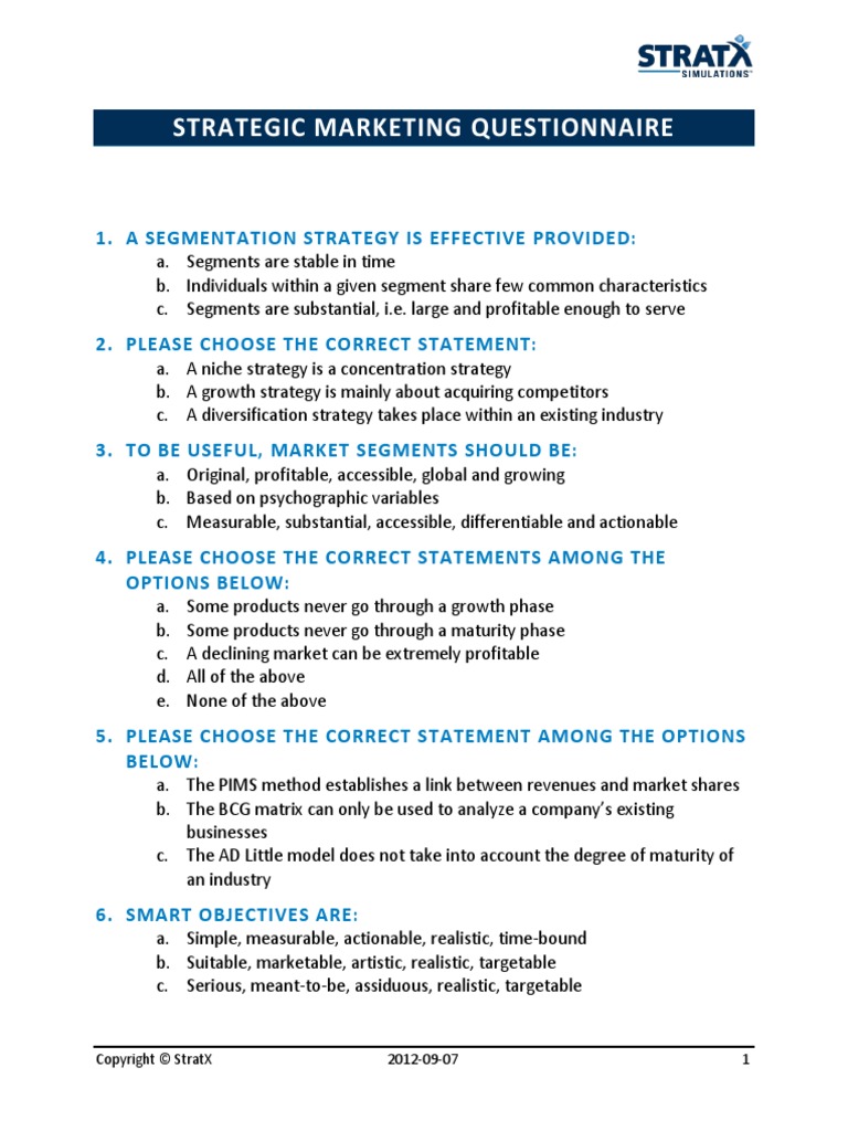 Marketing Strategy Questionnaire Marketing Strategy Strategic