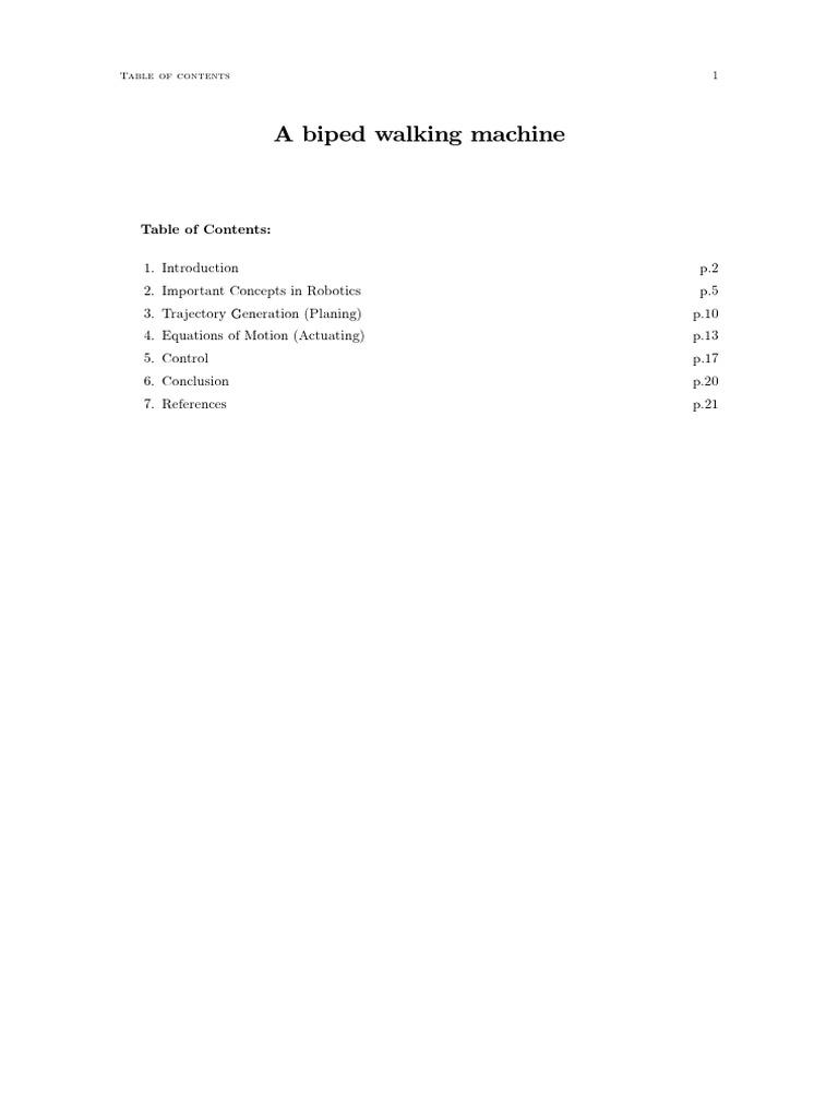 A Biped Walking Machine: Table of Contents | PDF | Kinematics | Robotics