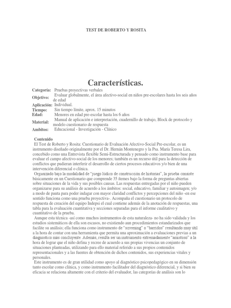 Test de Roberto y Rosita | PDF | Cuestionario | Jardín de infancia
