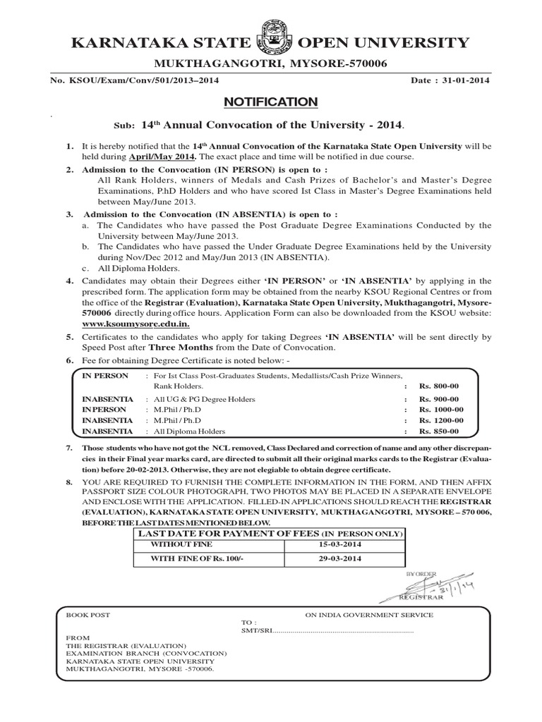 KSOU 14th Annual Convocation Notification | PDF | Postgraduate ...